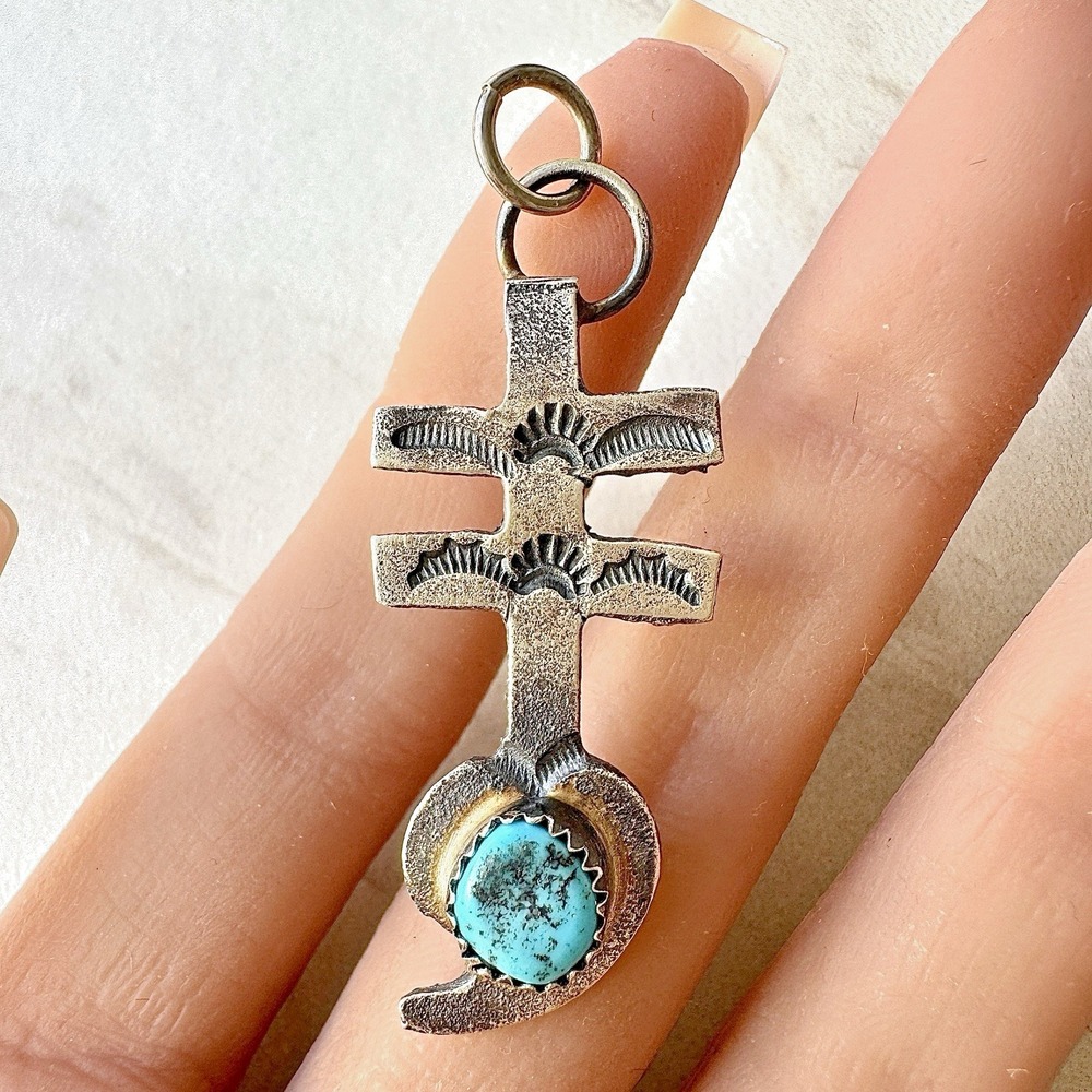 Navajo Naja Heart Cross Pendant‎ Turquoise 2in Signed Billah Sterling Squash USA
